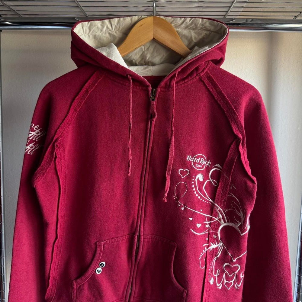 Hard Rock Cafe Las Vegas Full Zip Hoodie Burgundy Y2K Heart Graphic Women Large